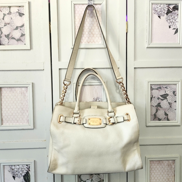 Michael Kors Hamilton Ivory Pebbled Leather Satchel Handbag  Purse Shoulder Tote - Picture 1 of 16